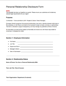 HR Partner template form for disclosing personal relationships at work