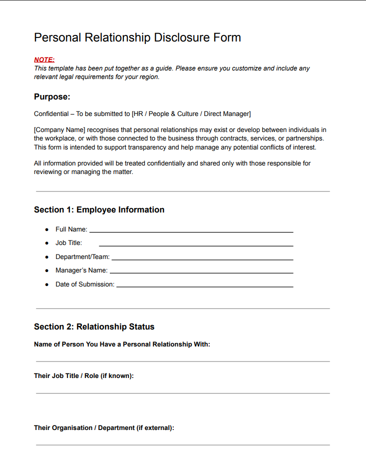 HR Partner template form for disclosing personal relationships at work