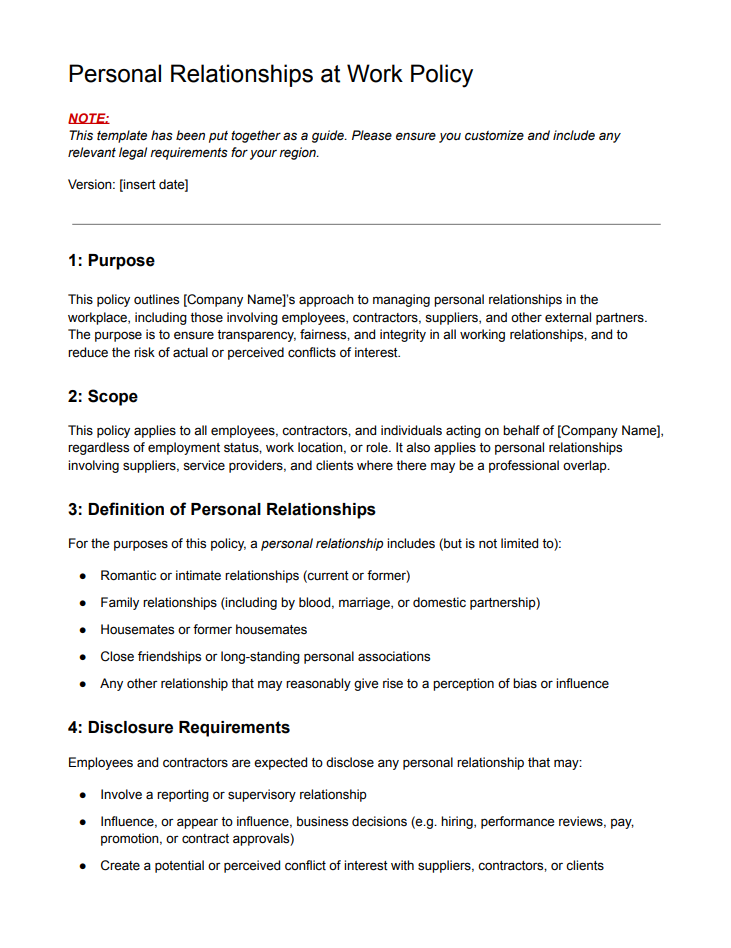 HR Partner policy template on personal relationships at work